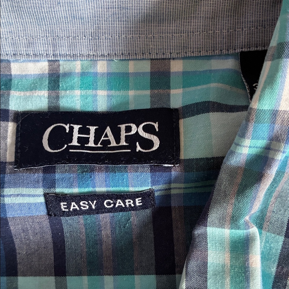 Chaps Men's Teal and Navy Plaid Short-Sleeve Button-Down Shirt - Picture 3 of 6